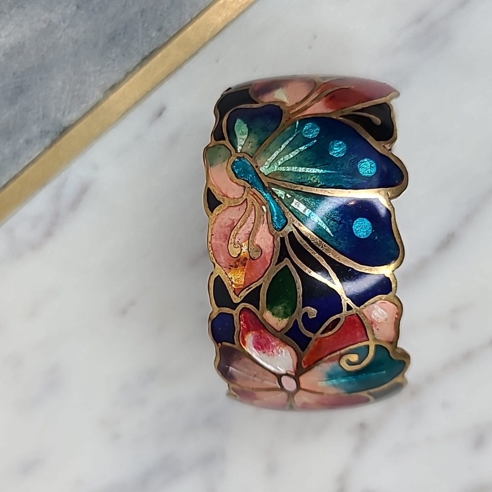 David Kuo VTG Handmade Champlevé Butterfly Enamel Cuff Bracelet in Floral Multi